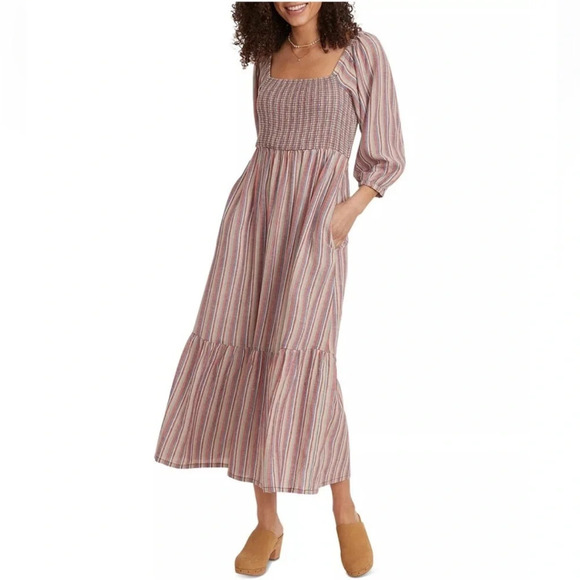 Marine Layer Ivy Brook dust linen strips smocked midi dress - Picture 2 of 10